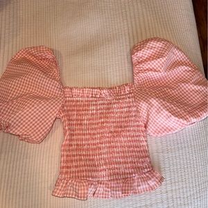 missguided pink and white gingham puffy sleeve ruched top size 0/xs